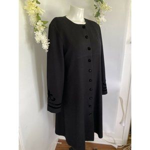Black Gillian‎ Vintage Wool Long Coat Velvet Buttons Size 12 Victorian Look EUC